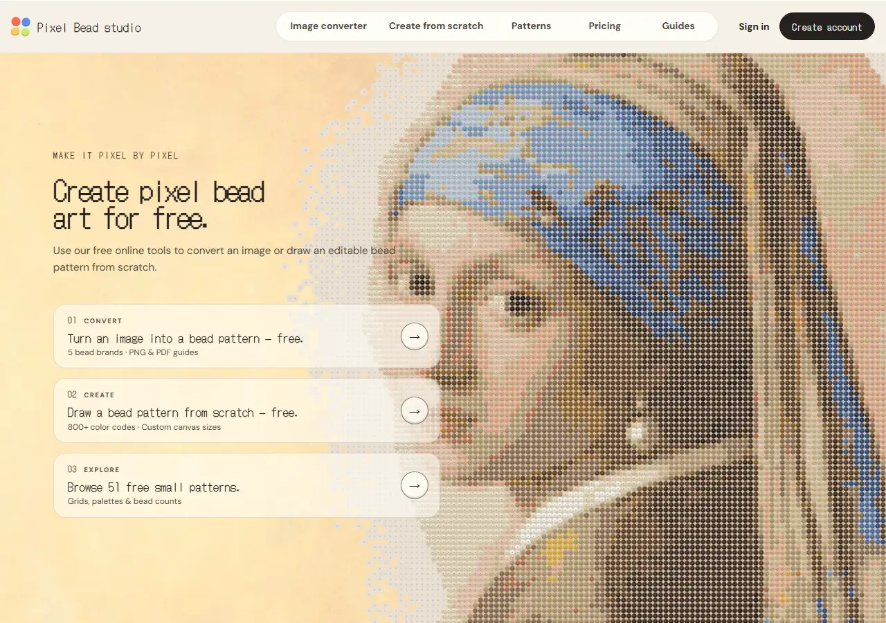 画像変換と図案の描画メニューがある Pixel Bead studio のホームページ。